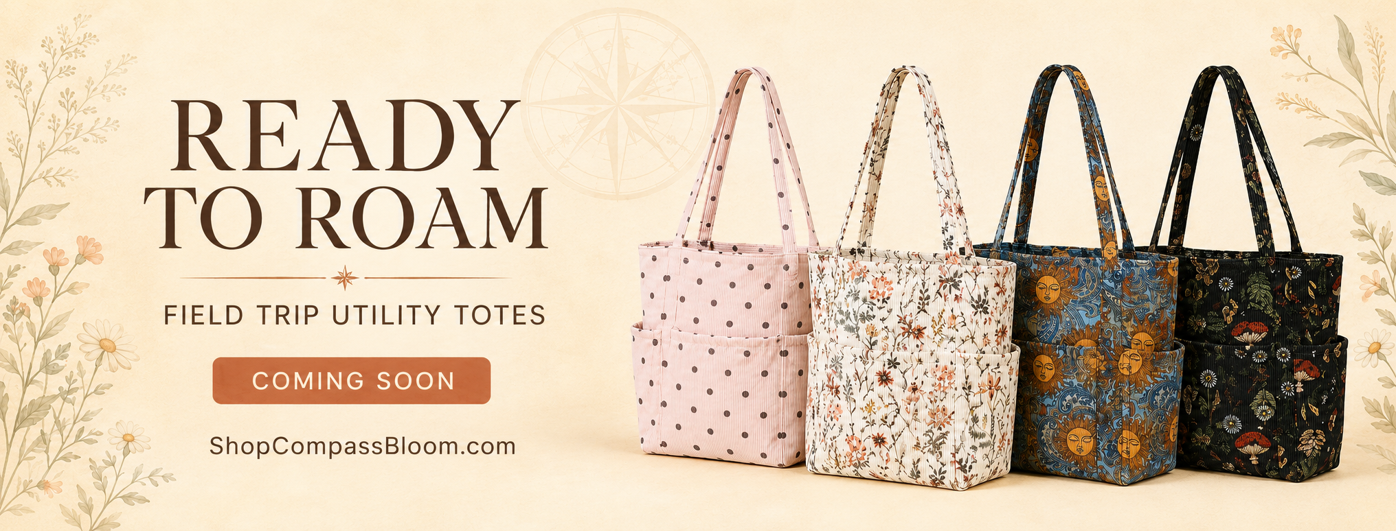 Ready to Roam field trip utility totes coming soon in pink polka dot, wildflower, sun and moon, and black botanical prints